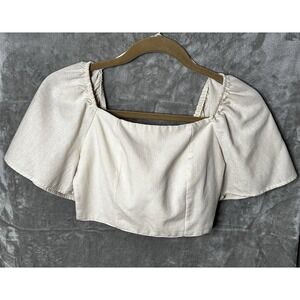 Cream Milkmaid Tie Back Crop Top Linen Blend Puff Sleeve Cottagecore Blouse